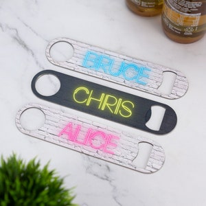 Personalised Bar Blade | Neon Lettering Beer Bottle Opener Printed Stainless Steel Bar Essentials