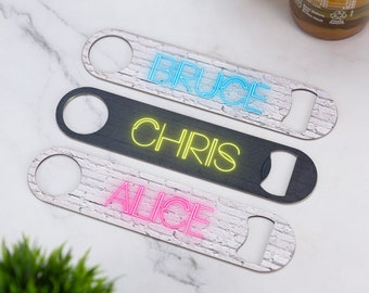Personalised Neon Lettering Bar Blade Brick Wall Beer Bottle Opener Printed Stainless Steel