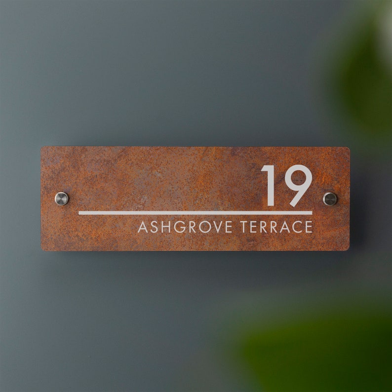 Tabliczka z numerem domu wydrukowana z efektem rdzy Oznakowanie adresowe akryl z efektem rdzy dostępne w wielu rozmiarach Long 297mm x 100mm