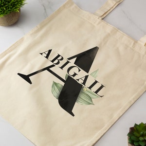 Personalised Monogram Letter Name Tote Bag Custom Name Bag Botanical Flowers Several Colours Available Natural