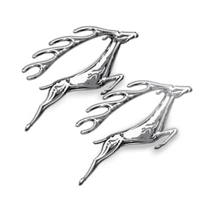 May include: Two chrome-finished leaping deer figurines. The deer are depicted in mid-jump, with detailed antlers and streamlined bodies. The reflective surface of the metal creates highlights and shadows, enhancing the three-dimensional effect. The figurines are set against a plain white background.