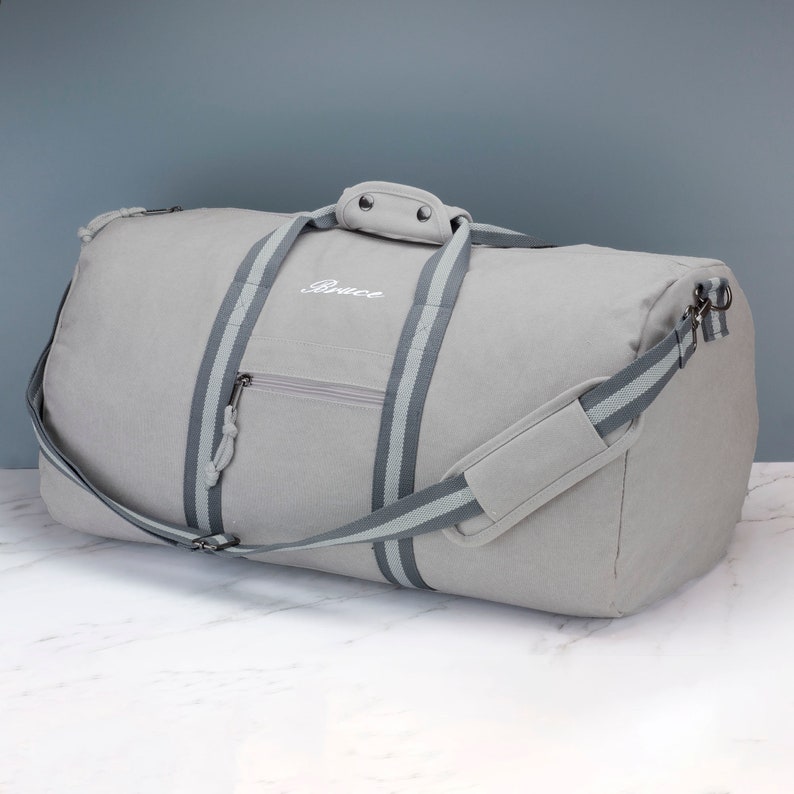 Fourre-tout en toile vintage personnalisé pour hommes Sac de voyage du week-end brodé d'initiales Vintage Light Grey