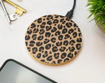 Leopard Print Wireless Charger Wooden Animal Print Fashion Aesthetic Desk Accessory Gift