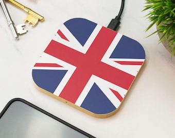 Union Jack Wireless Charger Wooden British Flag UK Retro Design Desk Accessory Gift