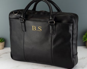 Personalised Leather Laptop Bag with Strap and Handles Briefcase Embroidered with Initials