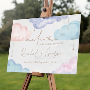 Pastel Clouds Gender Reveal Baby Shower Welcome Sign Acrylic Poster Print Entrance Decor