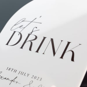 K&ouml;nnte beinhalten: Wei&szlig;e Karte mit schwarzem Text, der "Let's Drink" und das Datum "18th July 2023" lautet.