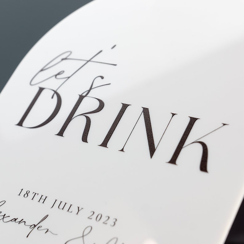 K&ouml;nnte beinhalten: Wei&szlig;e Karte mit schwarzem Text, der "Let's Drink" und das Datum "18th July 2023" lautet.