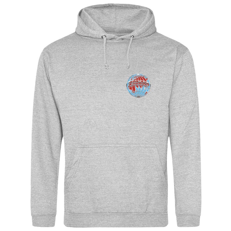 May include: A pale grey hooded sweatshirt with a drawstring hood and a front pocket. It has a small, colourful emblem on the chest, showing a globe with red and blue details. The design is centrally placed.