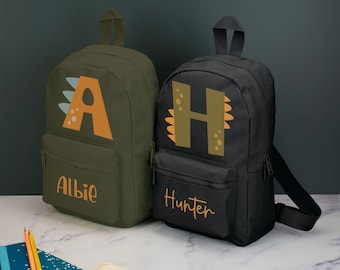 Personalised Dinosaur Letter Kids Backpack Custom with Name Choice of Colours Dino Alphabet School Bag with Adjustable Straps