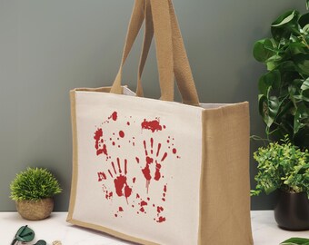 Bloody Handprint Tote Bag Halloween Horror Novelty Jute Shopping Bag Blood Splatter Gothic Gift Reusable Eco Bag Trick Or Treat Bag Spooky