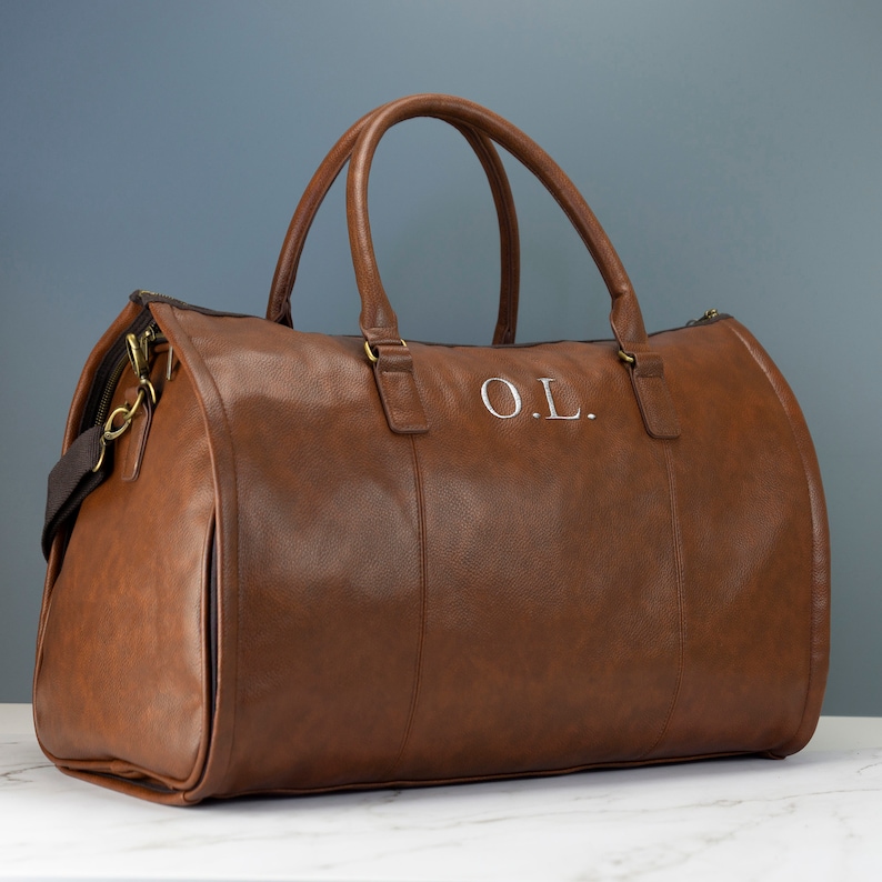Personalised Mens Leather Holdall Bag Black or Brown Weekend Travel Bag Embroidered with Initials image 10