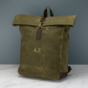 Personalised Canvas Backpack Bag Black or Green - Waxed Canvas Rolltop Bag Embroidered with Initials