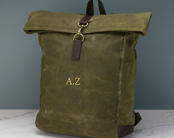 Personalised Canvas Backpack Bag Black or Green - Waxed Canvas Rolltop Bag Embroidered with Initials