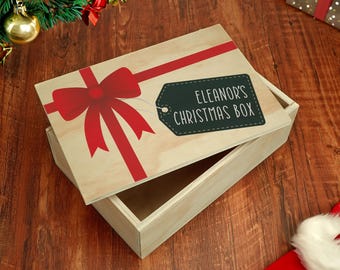Personalised Christmas Eve Box – Printed Wooden Keepsake Box for Children – Festive Christmas Eve Tradition Gift with Custom Name - Ribbon