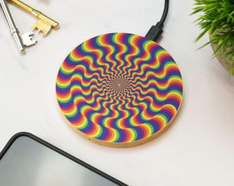 Trippy Optical Illusion Wireless Charger Wooden Psychedelic Pattern Retro Abstract Desk Accessory Gift