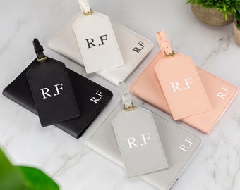 PU Leather Passport Cover & Luggage Tag, Passport Holder Set Luxury Suitcase Tag Personalised Holiday Travel Honeymoon Gift Bag Tag