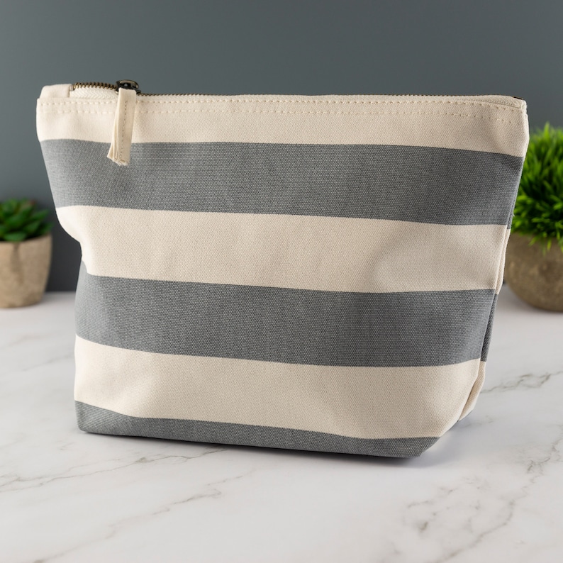 Personalised Nautical Canvas Accessory Bag Embroidered Customised Striped Toilet Bag Travel Pouch Grey/Natural