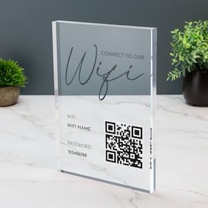 Wifi Acrylic Block Plaque with Password Info and QR Code Office Cafe Shop Internet A4 (210x297mm)
