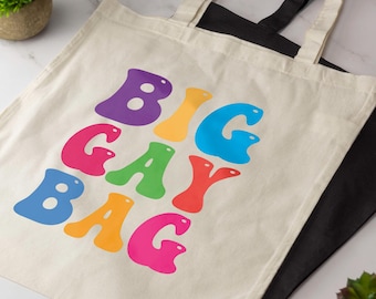 Big Gay Bag Tote Bag Funny LGBTQ Pride Novelty Cotton Shopper Bag Long Handle Tote Rainbow Retro Slogan Gift Reusable Eco Bag Birthday Gift