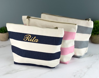 Borsa per accessori in tela nautica personalizzata - Borsa da viaggio per borsa da toilette a righe personalizzata ricamata