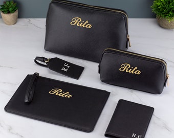 Personalised Leather Bag and Accessory Set - Embroidered Customised Makeup Bags Travel Pouch Passport Cover