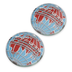 May include: Two round, silver-rimmed pins with a globe design. The globe features red continents and a light blue ocean, with silver lines representing latitude and longitude. The word "Future" is written across the globe in a silver, stylized font.