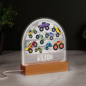 Monster Trucks LED Children&#39;s Night Light Personalised Motorsport Acrylic Plaque Wood Base Custom Kids Lamp Bedside Light Monogram