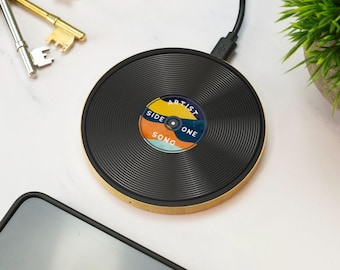 Personalised Vinyl Record Wireless Phone Charger Wooden Printed Cell Phone Gift