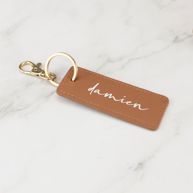 Personalised Keyrings Vegan Leather Keychain Choice of Colours Customised with Initials or Name Rectangle - Tan