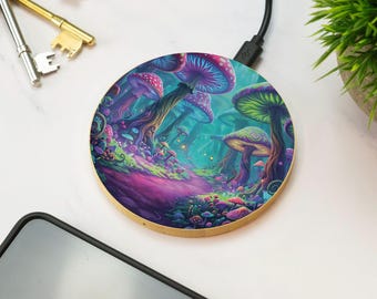Trippy Mushroom Wireless Charger Wooden Psychedelic Mushroom Retro Desk Accessory Gift