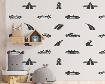Stickers muraux en vinyle Silhouette voitures et routes Stickers chambre d'enfant Chambre d'enfant