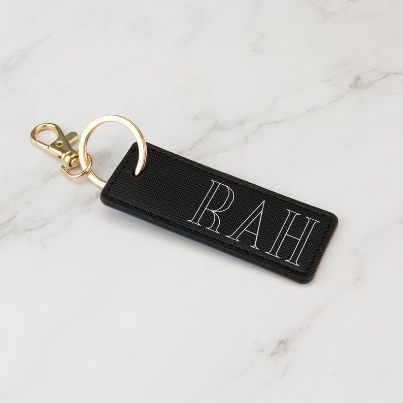 Personalised Keyrings Vegan Leather Keychain Choice of Colours Customised with Initials or Name Rectangle - Black