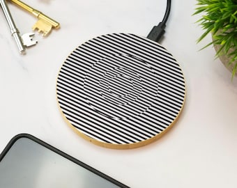 Optical Illusion Wireless Charger Wooden Trippy Psychedelic Spiral Pattern Retro Desk Accessory Gift