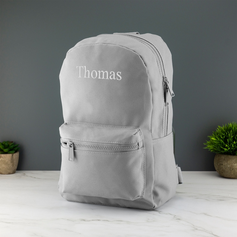 Personalised Kids Backpack Embroidered with Name Initials Choice of Colours School Bag with Adjustable Straps Light Grey