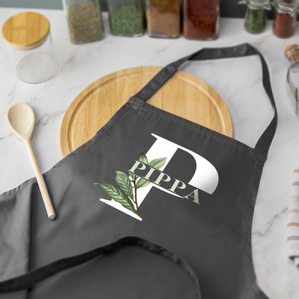 Personalised Letter Name Apron Baking Custom Name Home Cooking BBQ Chef Botanical Flowers Several Colours Available