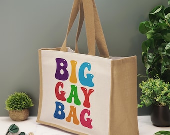Big Gay Bag Tote Bag Funny LGBTQ Pride Novelty Jute Shopping Bag Rainbow Retro Slogan Gift Reusable Eco Bag Birthday Christmas Gift For Him