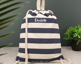Personalised Nautical Canvas Gym Bag - Embroidered Customised Gymsac Drawstring Bag Adlery