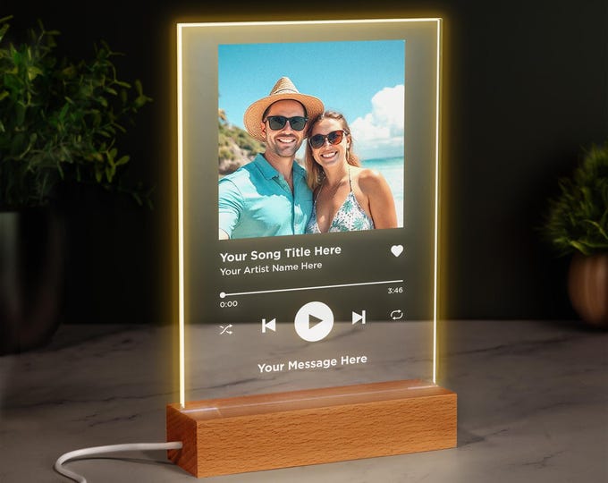 Personalised Song Plaque With LED Wooden Base Music Plaque Playlist Any Photo Song Photo Music Gift - does not play music