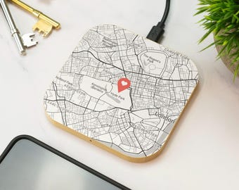 Personalised Map Print Wireless Charger Custom Location Wooden Charger First Date Wedding Anniversary Couple Gift