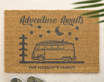 Personalised Brush Door Mat Front Door Mat Custom Adventure Camper Van Couple Gift Family Name