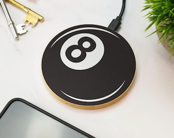 8 Ball Wireless Charger Wooden Pool Billiards Retro Gaming Room Home Bar Desk Accessory Gift