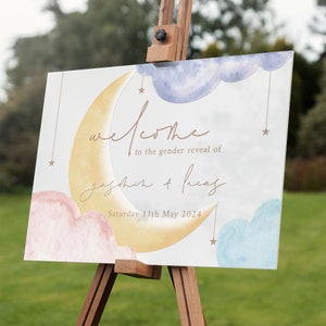 Moon and Clouds Gender Reveal Baby Shower Welcome Sign Acrylic Poster Print Entrance Decor