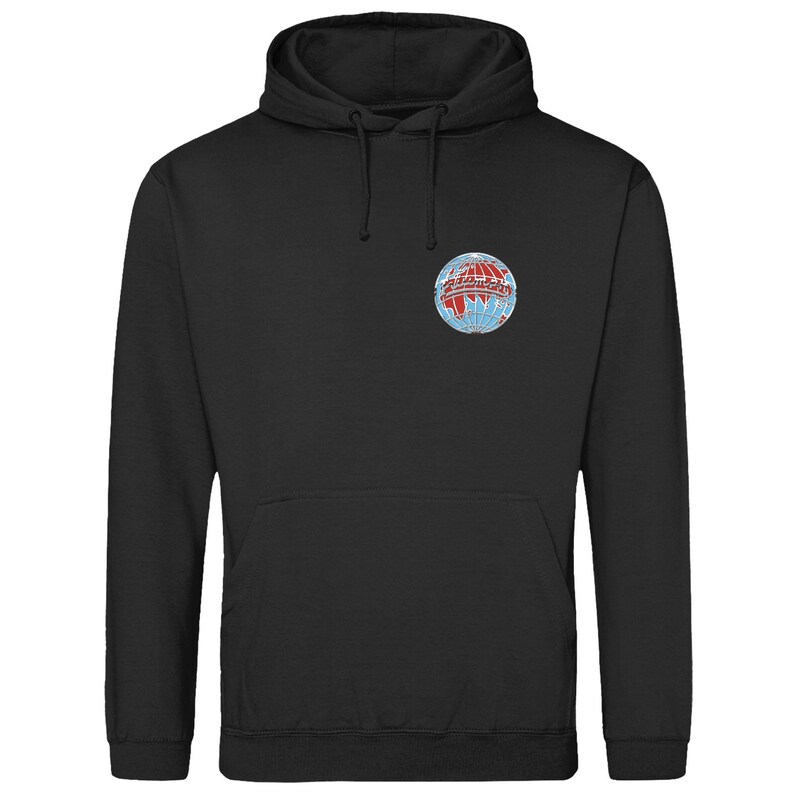 May include: Black hoodie with a front pocket and a drawstring. The sweatshirt has a small, circular emblem on the upper left chest. The emblem is a globe design with red, white, and blue accents, and text around the globe.
