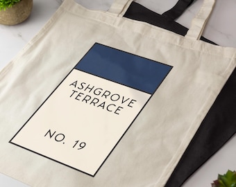 Personalised Property Board Game Tote Bag, Custom Address Cotton Shopper Bag, Long Handle Tote, New Home Gift, Housewarming Gift 10L