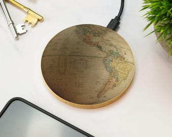 Vintage Globe Wireless Charger Wooden World Map Travel Desk Accessory Geography Gift
