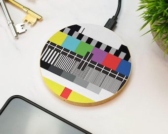 TV Test Card Wireless Charger Wooden Retro Television Broadcast Vintage Tech Gaming Desk Accessory Gift