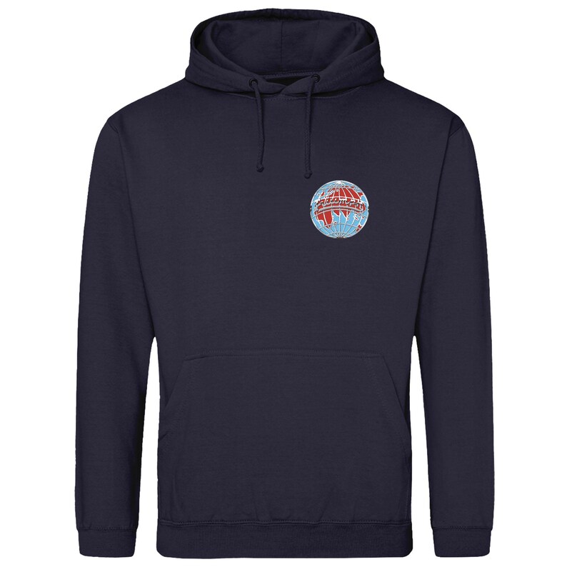 May include: A navy blue hoodie with a front pouch pocket and a drawstring hood. It features a circular emblem on the chest with a globe design in red, white, and blue. A casual, comfortable garment.