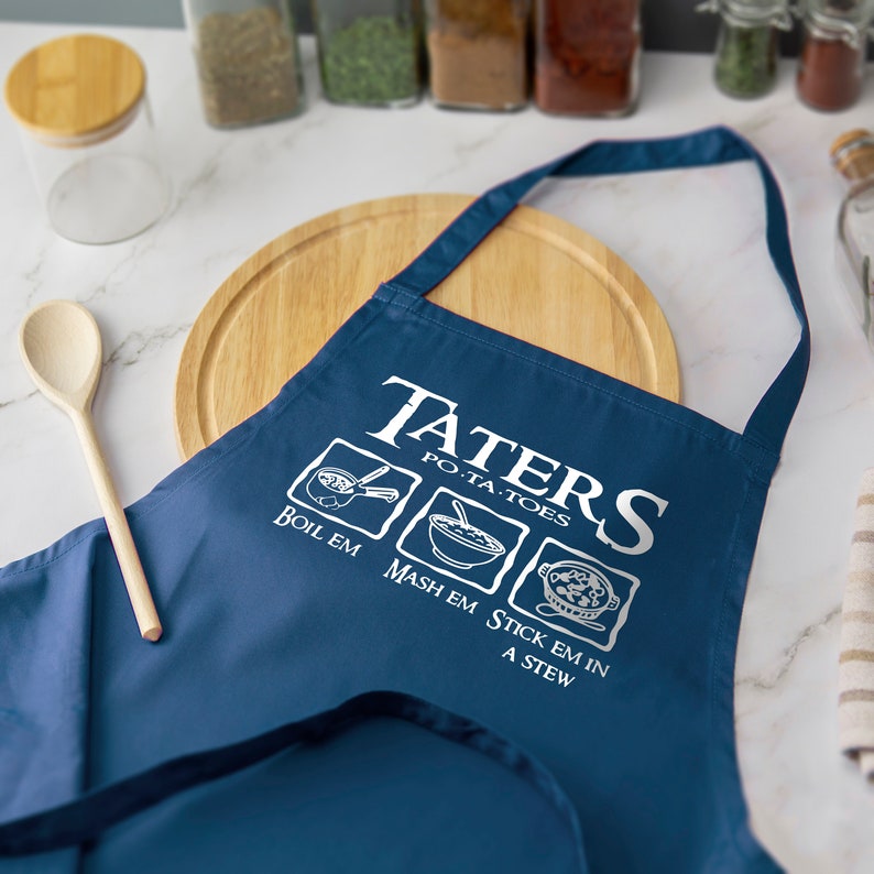 Taters Boil Em Mash Em Stew Em LOTR Printed Apron Baking Funny Cooking Chef Several Colours Available image 2