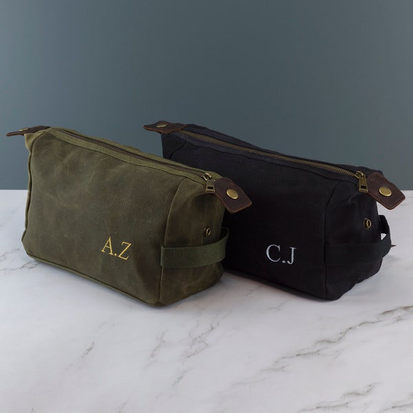 Personalised Embroidered Mens Canvas Wash Bag with Strap Black or Green - Mens Toilet Bag Embroidered with Initials